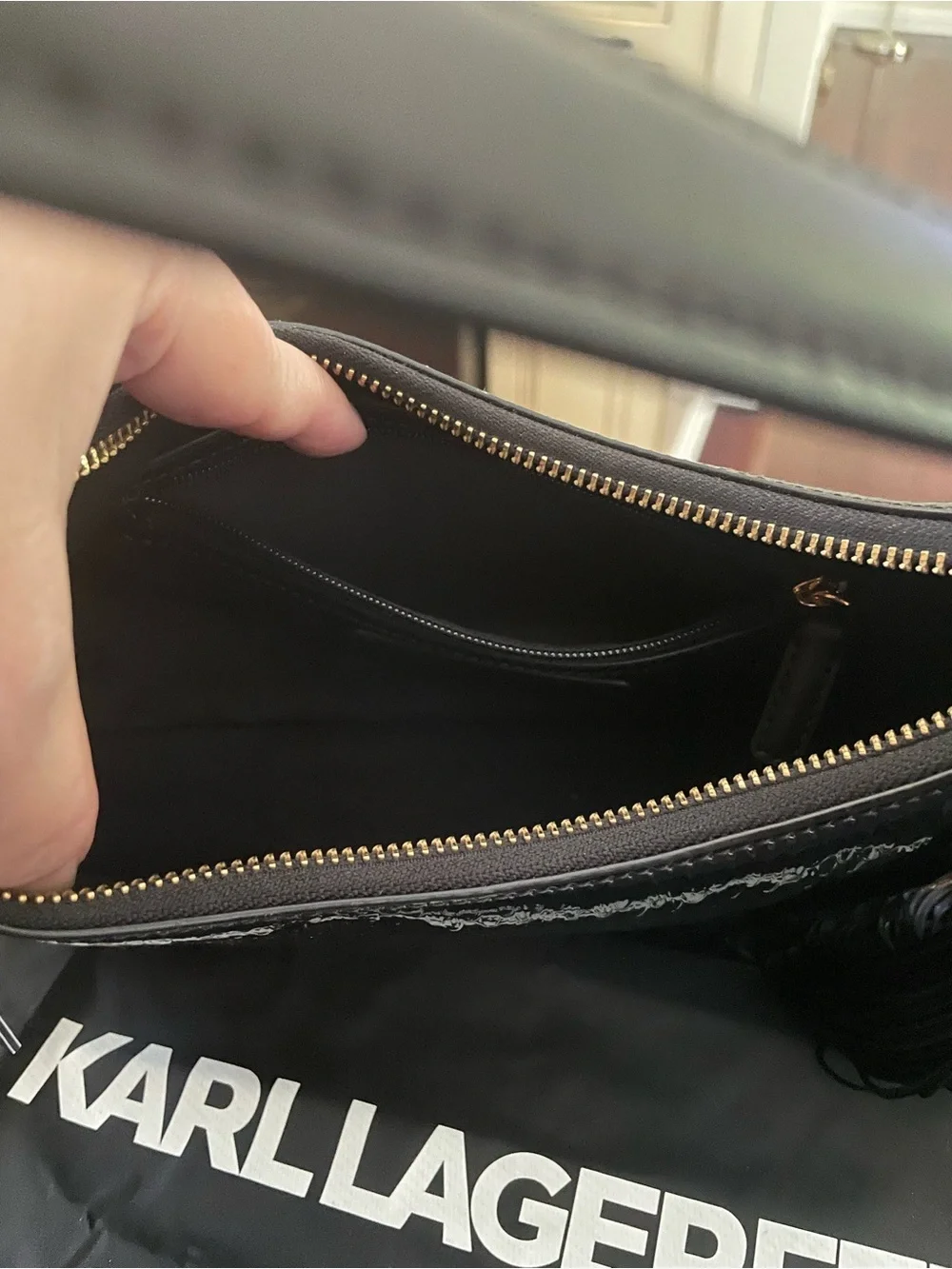 Karl Lagerfeld Black Patent Embroidered Tassel Shoulder Bag - Picture 8 of 8